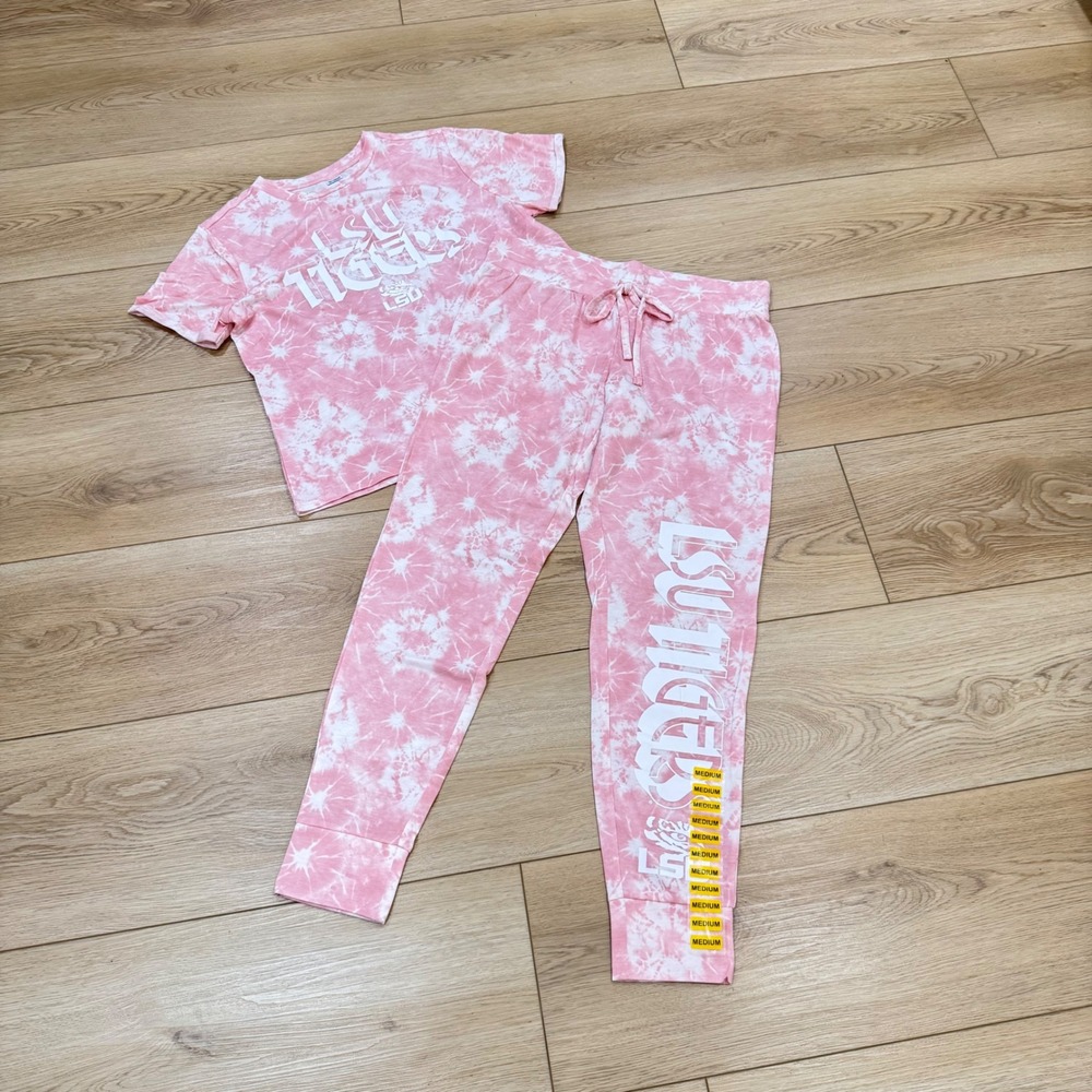 Liv Casual LSU Tigers Pink Tie Dye Pajama Set Short Sleeve Joggers Womens Medium